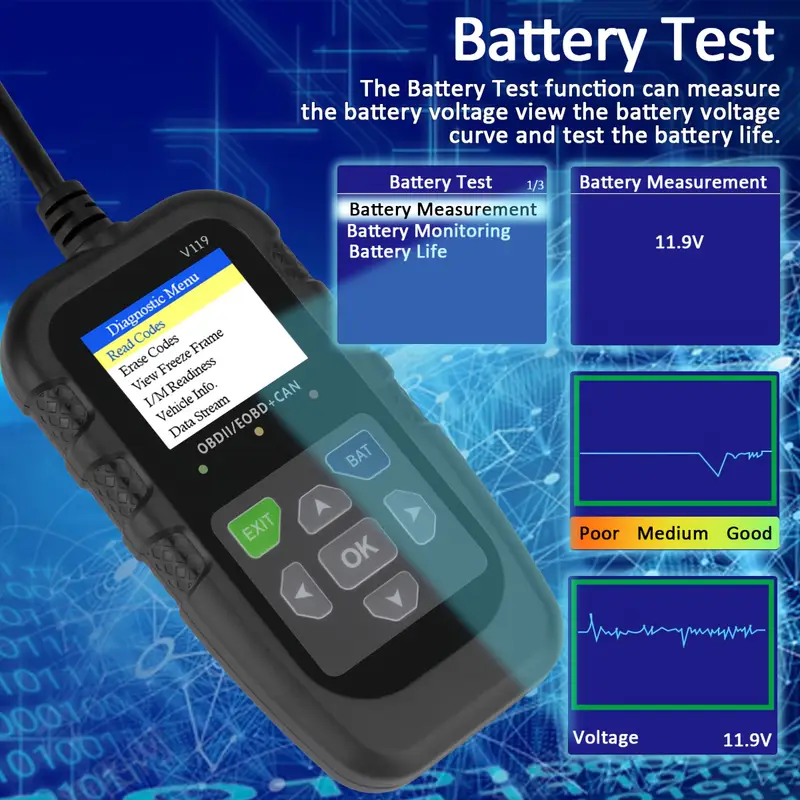 V119 OBD2 스캐너 코드 리더 USB 전원 공급  - Power Supply Tester 리뷰 및 가격
